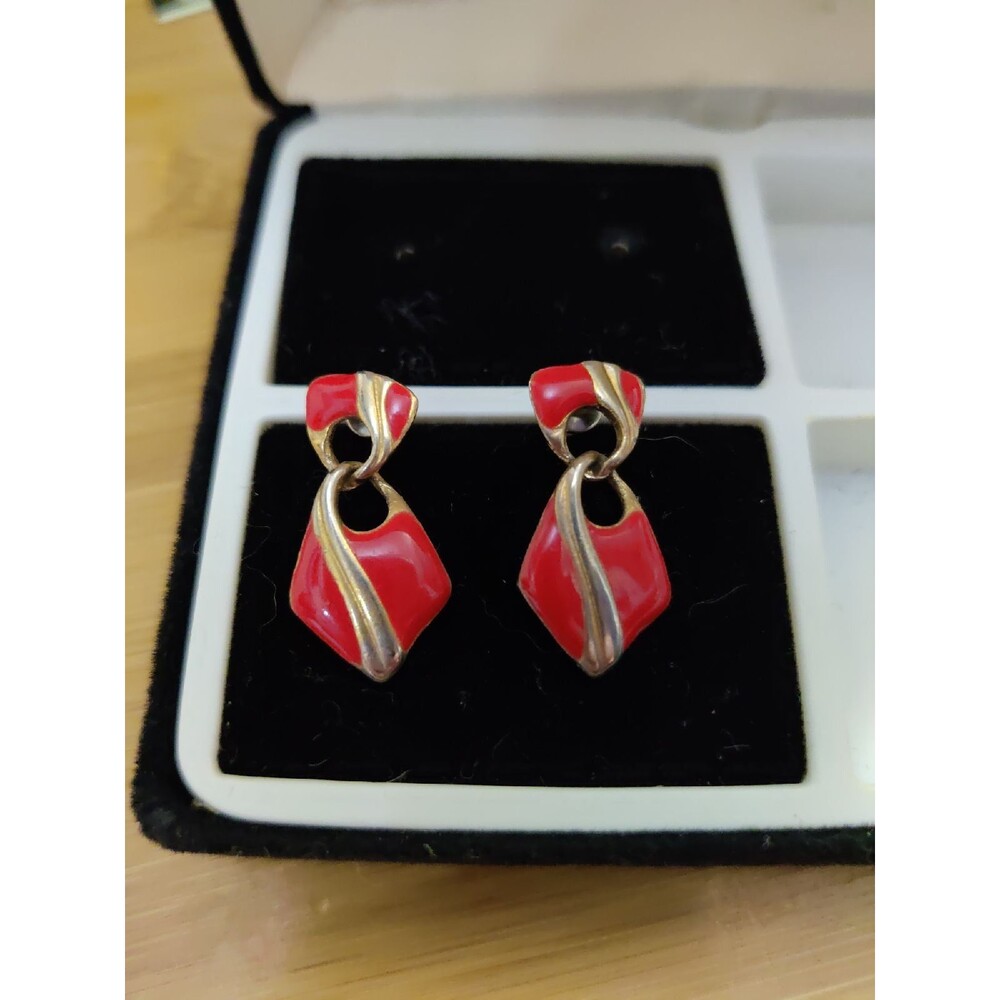 Gold tone Red Enamel Earrings